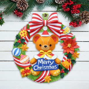 クリスマスリース（テディベア）,ウォールデコレーション,ホーム&リビング,家族で作る,インテリア,クマ,かわいい,リース,子供と一緒に,マットフォト,レベル：一人前,サイズ感:バスケットボール,壁を飾る,リボン,おしゃれ,カラフル,ファミリー向け,クリスマス