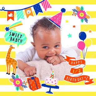 Half Birthday 03 Photo Size: Square 5"x5" 13x13cm,Simple Scrap Parts Kits,Scrapbook,null,cute,null,Stripe 1,Yellow