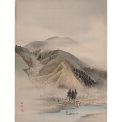 真作】絵画 雄大な山岳美 伝統日本画 霧に包まれる山 精緻な描写