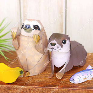 カワウソ&ナマケモノ（ミニ）,動物,ペーパークラフト,デスク小物,インテリア,ミニチュア,シンプル,かんたんシリーズ,ちょっとした置物,マットフォト,レベル：修行中,サイズ感:卓球ボール,鑑賞用,楽しい,日常,ペーパークラフト,ペット