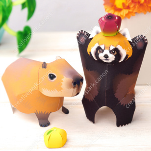 レッサーパンダ&カピバラ（ミニ）,動物,ペーパークラフト,デスク小物,インテリア,ミニチュア,シンプル,かんたんシリーズ,ちょっとした置物,マットフォト,レベル：修行中,サイズ感:卓球ボール,鑑賞用,楽しい,日常,ペーパークラフト,ペット,レッサーパンダ,カピバラ